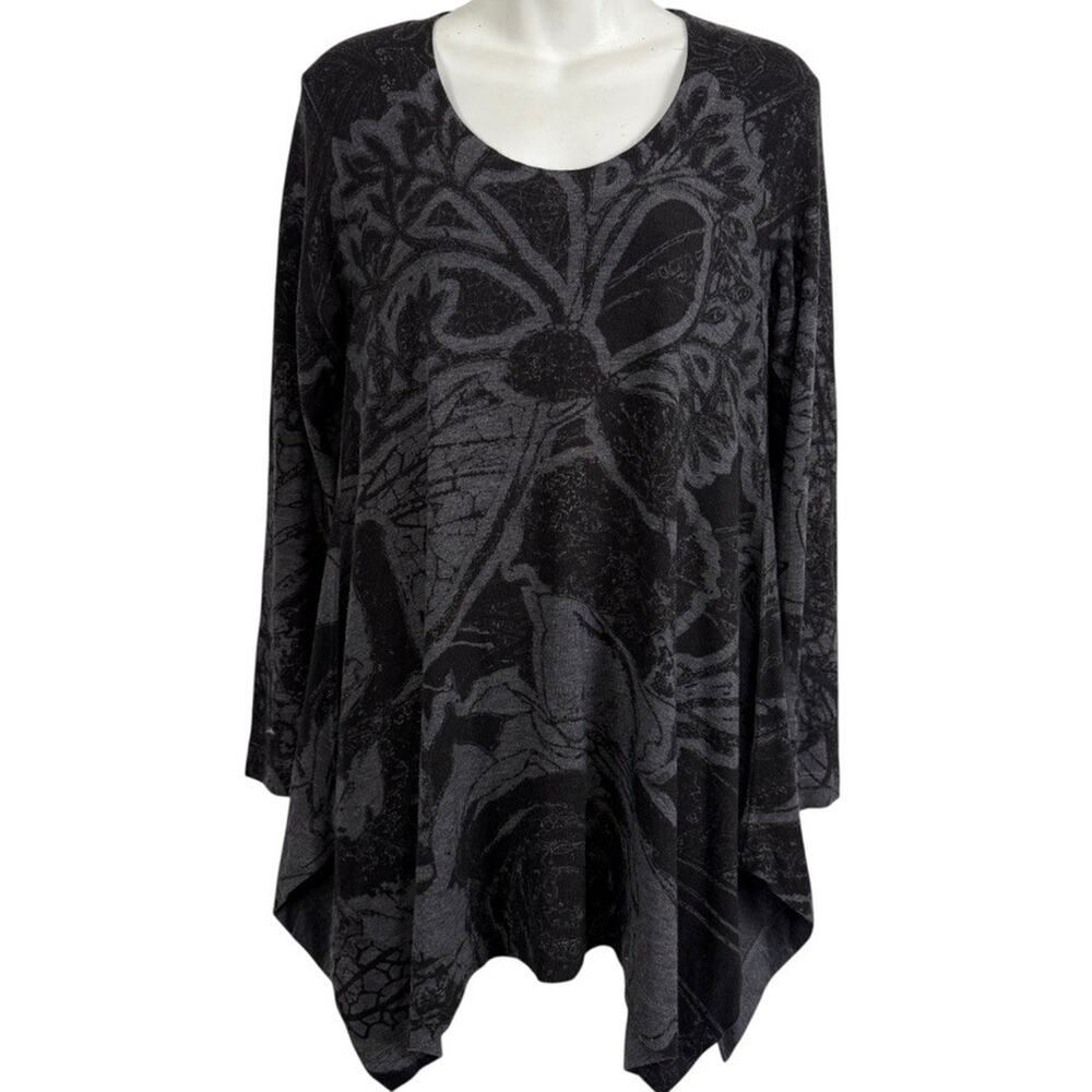Soft Surroundings Gray Sharkbite Hem Floral Stretch Knit Top Shirt Lagenlook XS